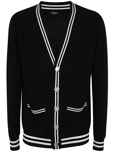 BALMAIN MONOGRAM JACQUARD WOOL CARDIGAN