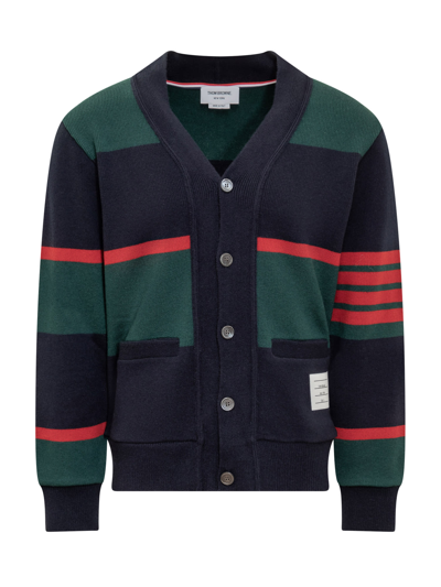 Thom Browne Striped Cardigan In Green/navy