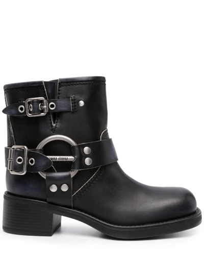Miu Miu Vintage-look Leather Ankle Boots In Nero