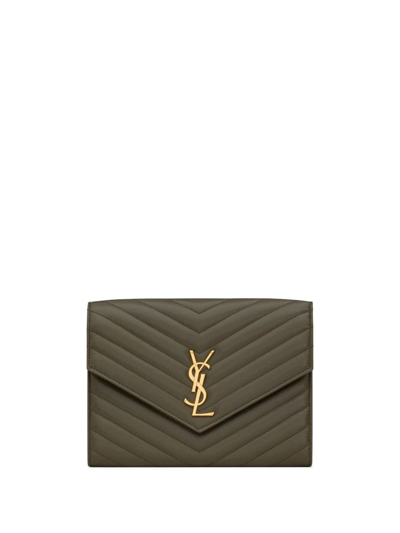 Saint Laurent Ysl Flap Quilted Leather Clutch Bag In Khaki