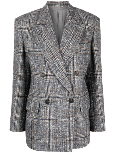 Brunello Cucinelli Double-breasted Checked Wool-blend Blazer In Grey