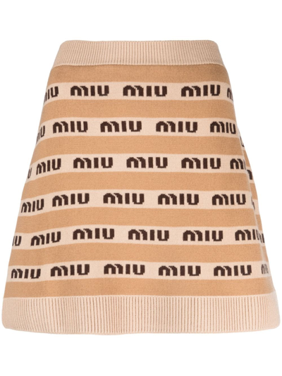 Miu Miu Logo Mini Skirt In Beige