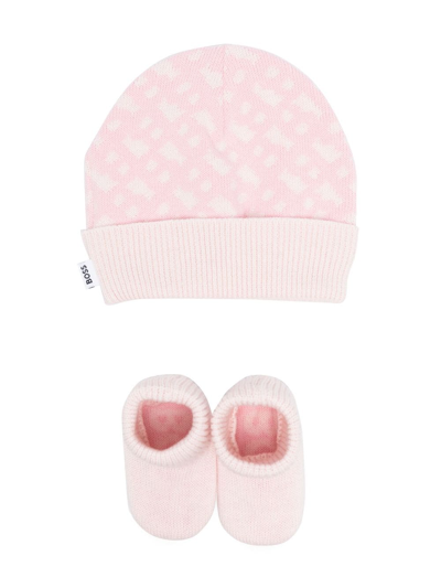 Bosswear Babies' Geometric-pattern Hat And Slippers Set In Pink