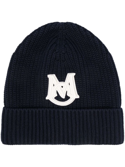 Moncler Logo-patch Knitted Cotton Beanie In Blue