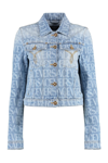 Versace Short Light Blue Jacket With All-over Logo And Branded Buttons In Cotton Denim Woman In Denim