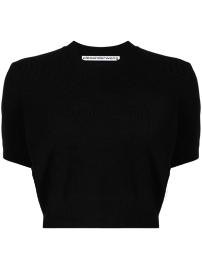 Alexander Wang Logo-embossed Cropped Knitted Top In Black