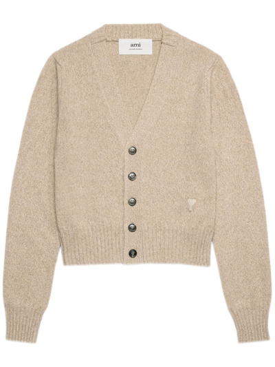 Ami Alexandre Mattiussi Heart-embroidered Cashmere Cardigan In Neutrals