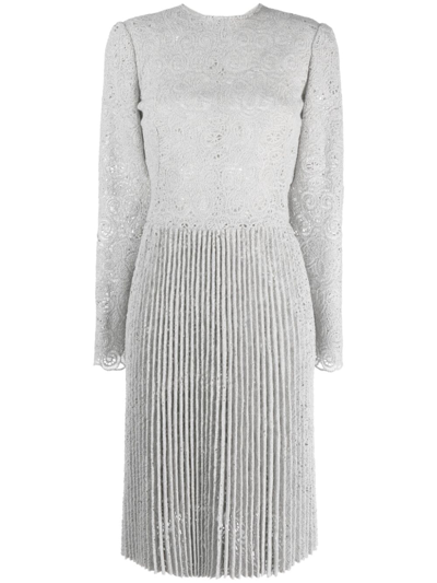 Ermanno Scervino Pleated Guipure Lace Belted Dress In Grey
