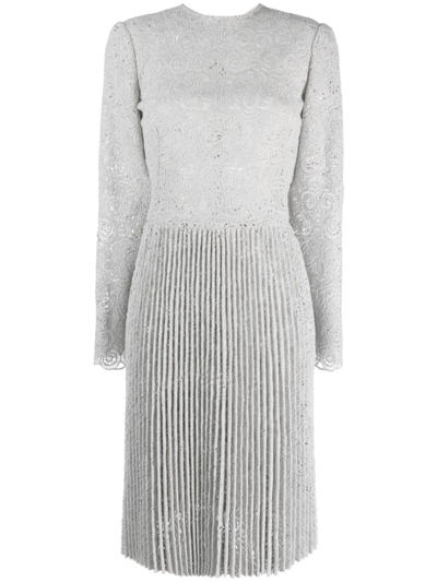 Ermanno Scervino Pleated Guipure Lace Belted Dress In Gray