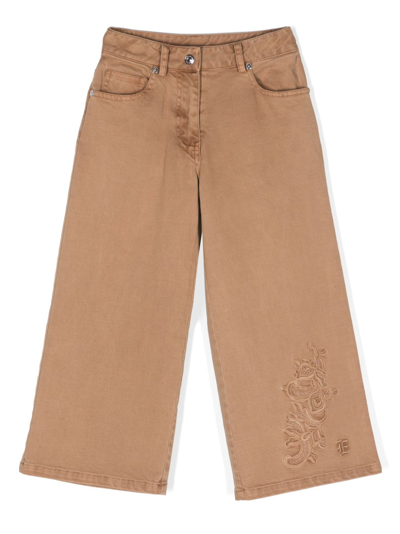 Ermanno Scervino Junior Kids' Embroidered-design Straight-leg Trousers In Brown