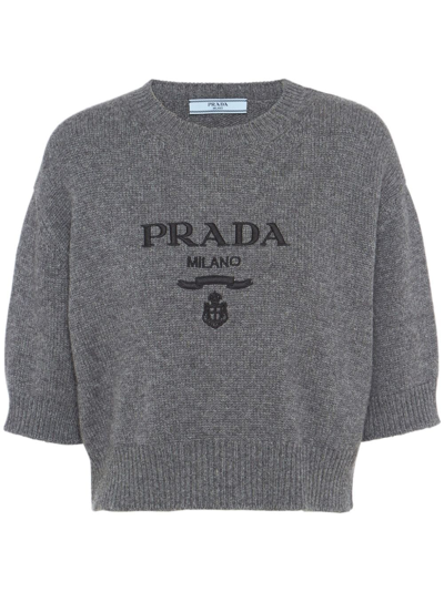 Prada Logo-embroidered Knit Top In Slate Gray