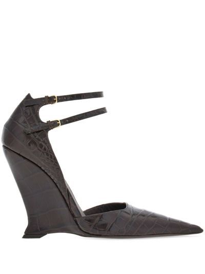 Ferragamo Vidia Patent Leather Ankle-strap Wedge Pumps In Testa Di Moro