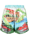 Amiri Eden Graphic-print Silk Shorts In Blue