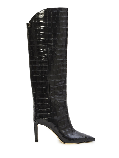 Jimmy Choo Alizze 85 Croc-effect Glossed-leather Knee Boots In Black