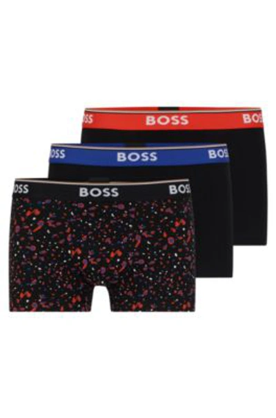 Hugo Boss Triple-pack Of Stretch-cotton Trunks With Logo Waistbands In Patterned