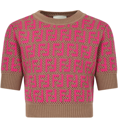 Fendi Kids' Brown Sweater For Girl With Double Ff In Beige