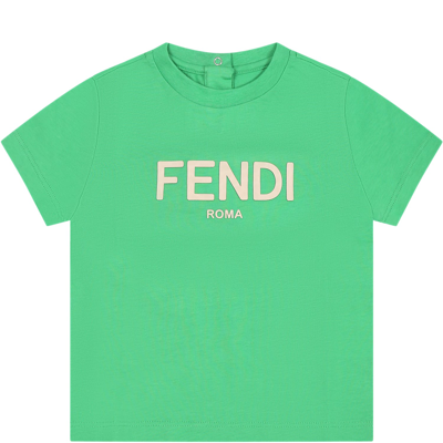 Fendi Green T-shirt For Babykids With Logo In Yellow