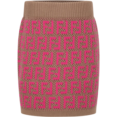 Fendi Kids' Brown Skirt For Girl With Double Ff In Multi