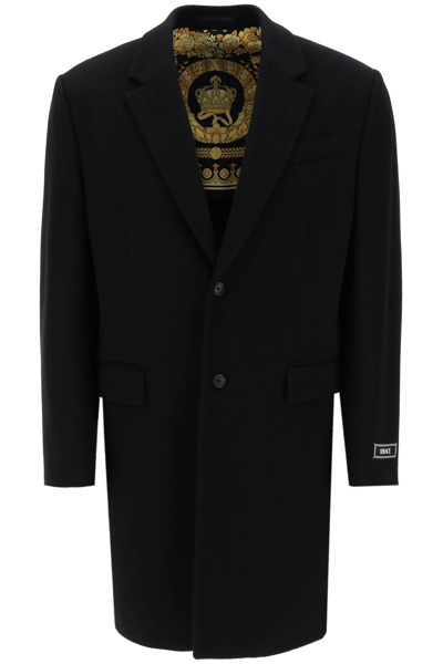 Versace Single-breasted Logo-patch Coat In Black