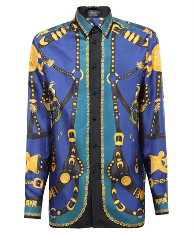 Versace Printed Silk Twill Shirt In Blue
