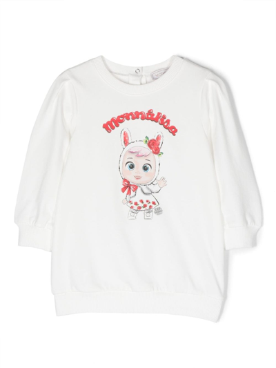 Monnalisa Babies' Logo-print Long-sleeve Dress In White