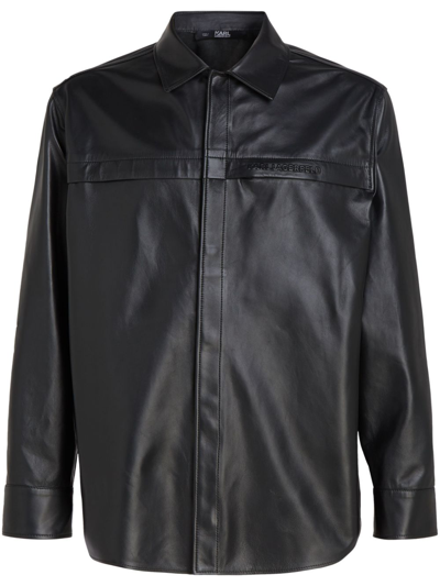 Karl Lagerfeld Leather Pocket Button-up Shirt In Black