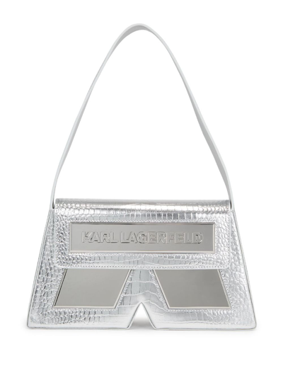 Karl Lagerfeld Ikon/k Crocodile-effect Shoulder Bag In Silver