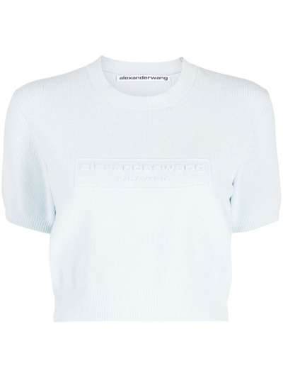 Alexander Wang Women's Short-sleeve Embossed Logo Sweater In Ariel Blue