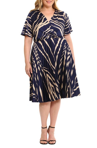 Maggy London Abstract Print Wrap Front Pleated Dress In Royal Navy/ Bone