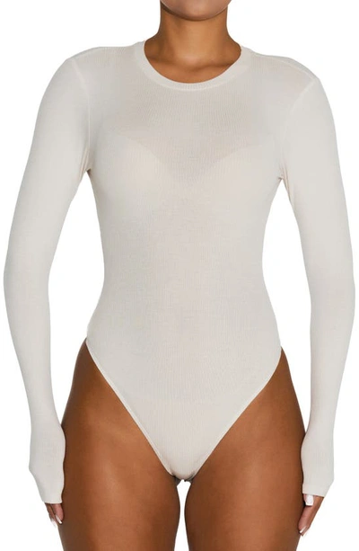 Naked Wardrobe Energy Long Sleeve Ribbed Bodysuit In Cream