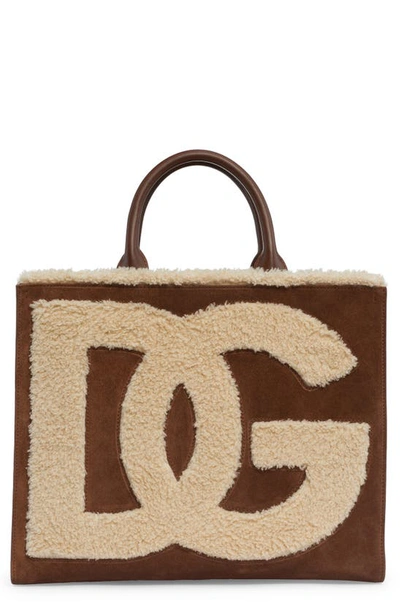 Dolce & Gabbana Dg Logo Daily Suede & Faux Shearling Tote In Brown/ White