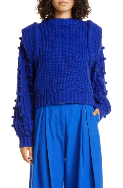 Farm Rio Pompom Accent Crewneck Sweater In Blue