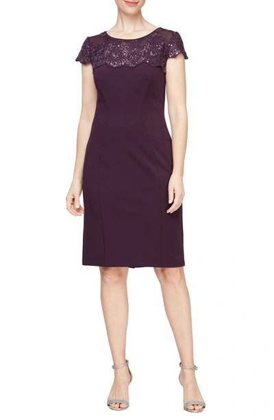 Alex Evenings Sequin Embroidered Yoke Sheath Cocktail Dress In Eggplant