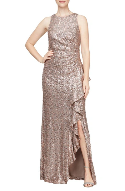 Alex Evenings Sequin Ruffle Gown In Mocha