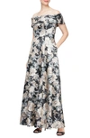 Alex Evenings Floral Off The Shoulder Gown In Black/ Taupe
