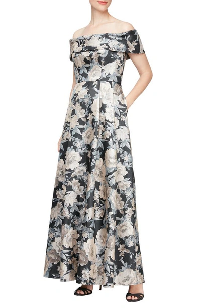 Alex Evenings Floral Off The Shoulder Gown In Black/ Taupe