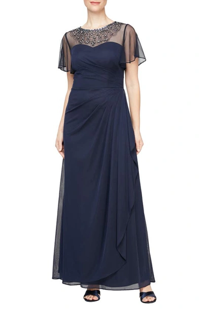 Alex Evenings Beaded Illusion Neck Flutter Sleeve A-line Gown In Dark Navy