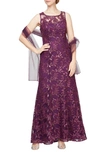 ALEX EVENINGS EMBROIDERED TULLE GOWN WITH SHAWL