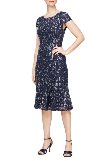 Alex Evenings Sequin Illusion Neck Cocktail Dress In Navy/ Pink