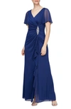 Alex Evenings Flutter Sleeve Faux-wrap Gown In Electric Blue