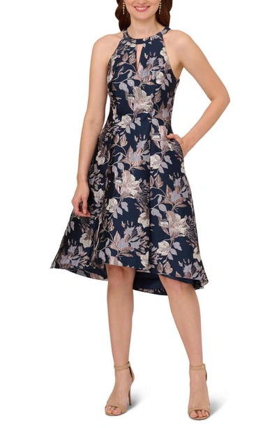 Adrianna Papell Women's Floral Jacquard High-low Halter Dress In Navy Multi