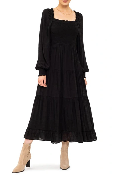 August Sky Smocked Long Sleeve Tiered Dress In Black