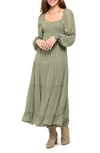August Sky Smocked Long Sleeve Tiered Dress In Olive