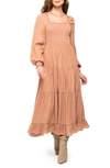 August Sky Smocked Long Sleeve Tiered Dress In Sienna