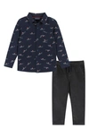 Andy & Evan Babies' Santa Shark Print Shirt & Pants Set In Navy Sharks