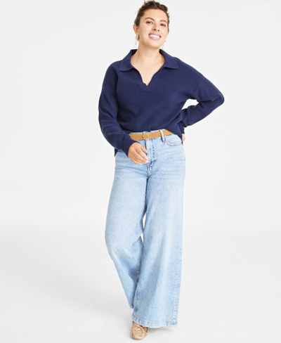 On 34th Women's Collared V-neck Sweater, Created For Macy's In Intrepid Blue