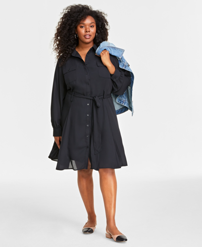 On 34th Plus Size Long-sleeve Belted Shirtdress, Created For Macy's In Deep Black