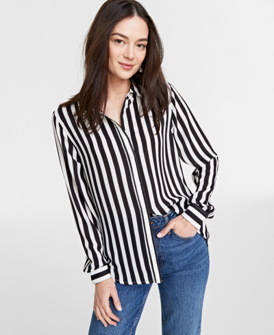 On 34th Women's Button-front Crepe Shirt, Created For Macy's In Deep Black Combo