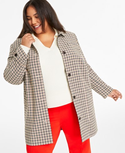 On 34th Plus Size Checked Car Coat, Created For Macy's In Eggnog Cmb