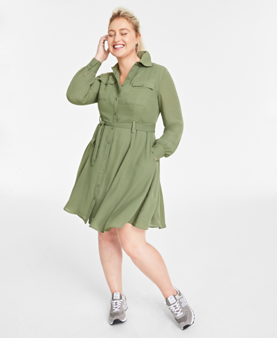On 34th Women's Long-sleeve Belted Shirtdress, Created For Macy's In Olivine